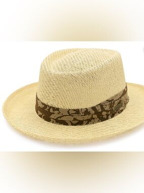Panama Jack Matte Toyo Natural Straw Fedora with Brown Patterned Band.